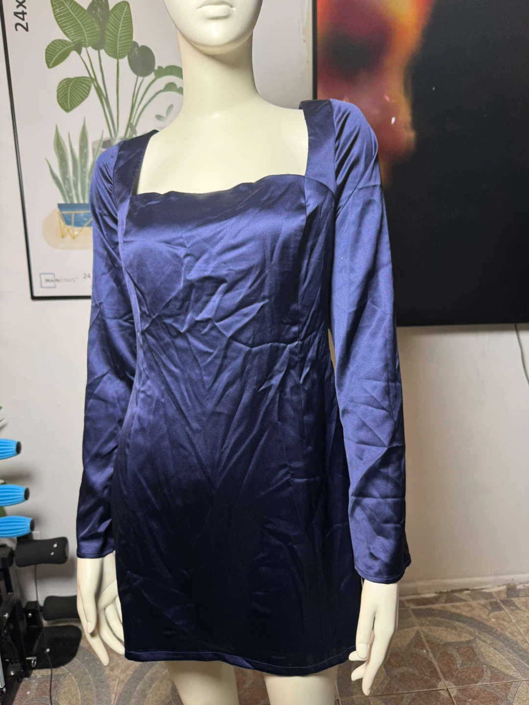 Navy Blue Satin Square Neck Mini Dress