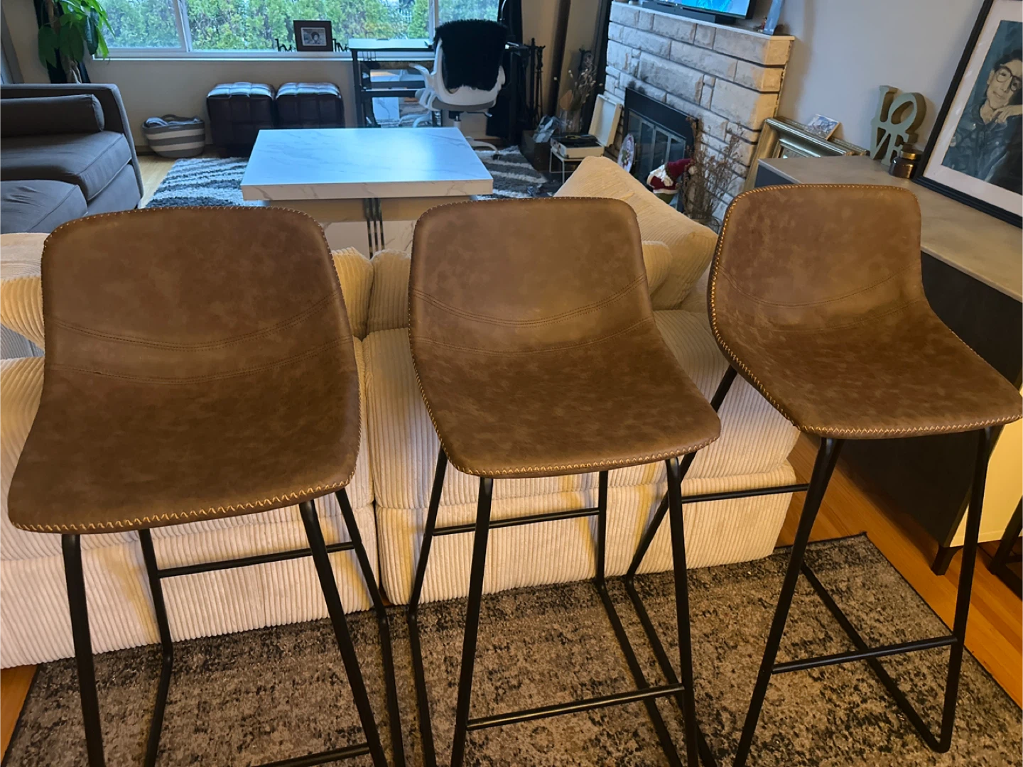 Set of 3 Brown Faux Leather Bar Stools