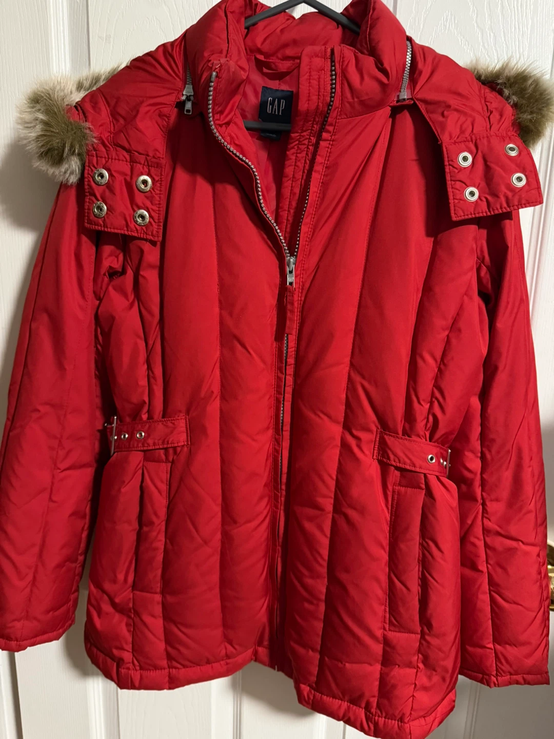 Red Gap Puffer Jacket with Fur Hood