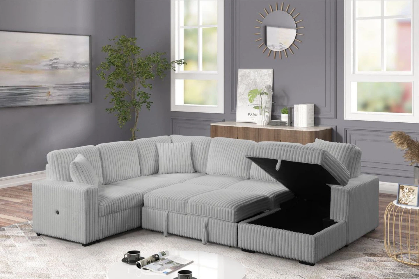 Grey Corduroy Sectional Sofa with Storage - photo 5