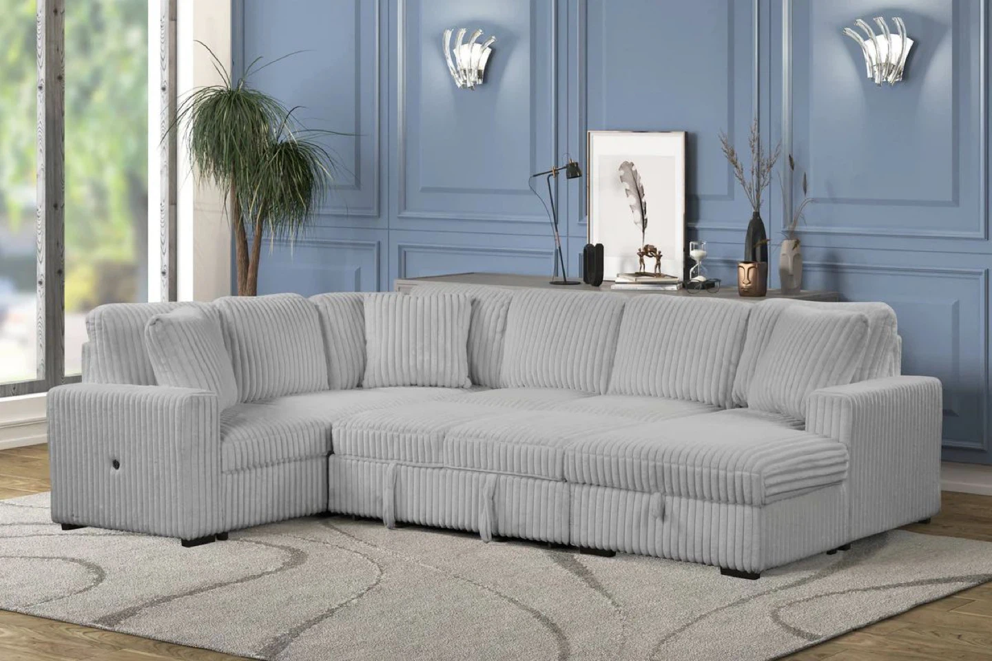 Grey Corduroy Sectional Sofa with Storage