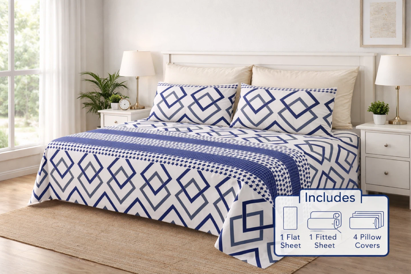 Brand New Blue Geometric Print Queen  Bed Sheet Set(6 piece)