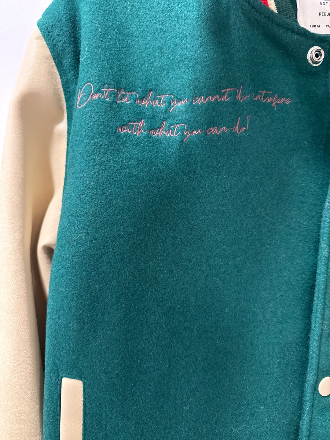 UO Varsity Bomber Jacket Green/Cream - photo 4