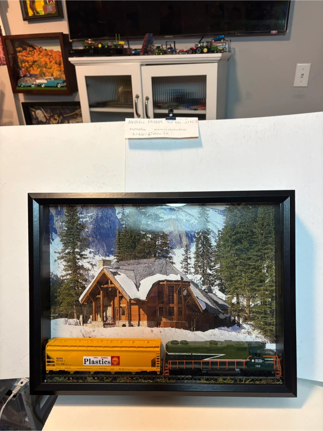 Model Train Diorama with Log Cabin Scene