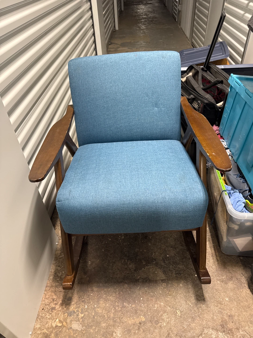 Blue Upholstered Rocking Chair with Wooden Frame