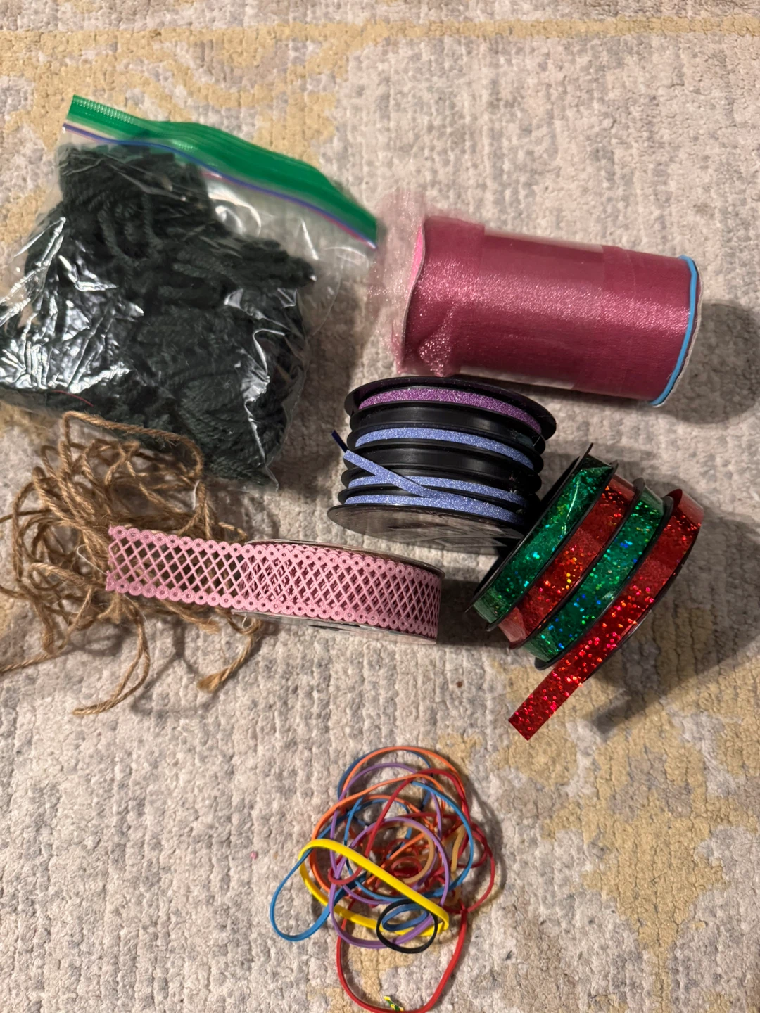 Craft supplies: ribbons, yarn, twine, and elastics