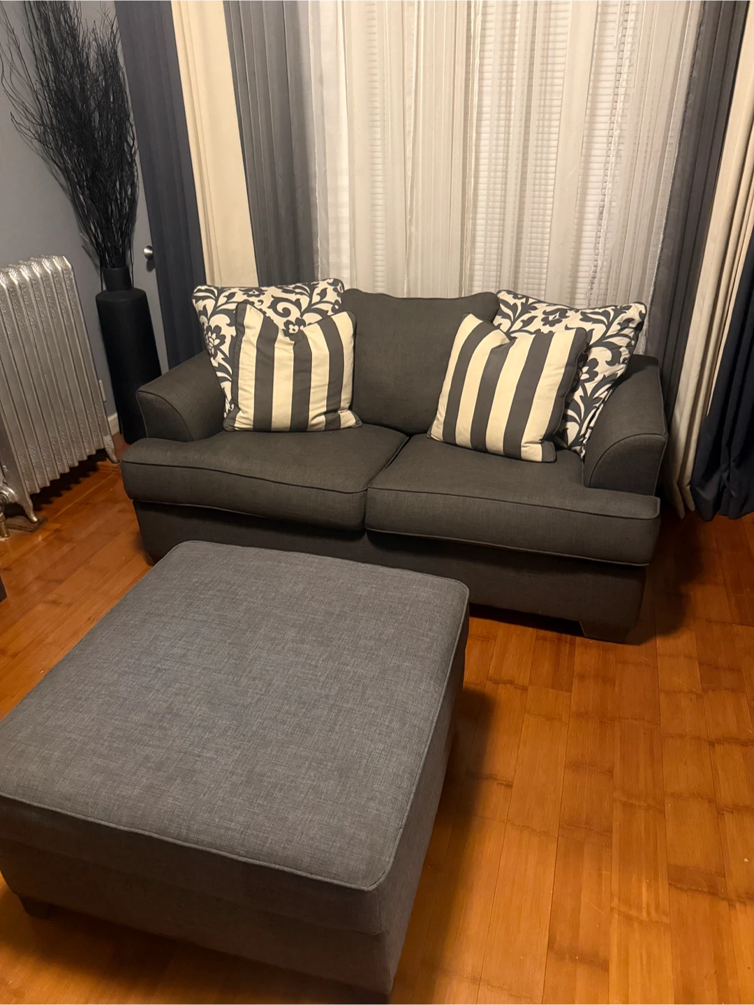 Dark Gray Loveseat and Ottoman