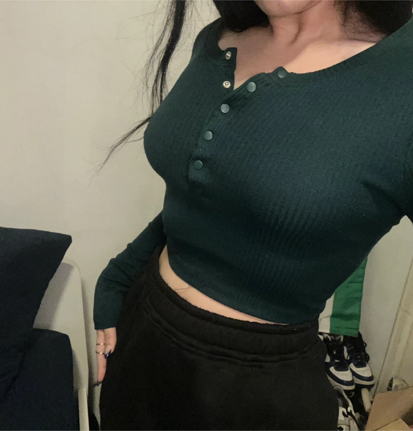 Green Ribbed Cropped Long Sleeve Henley Shirt - photo 3