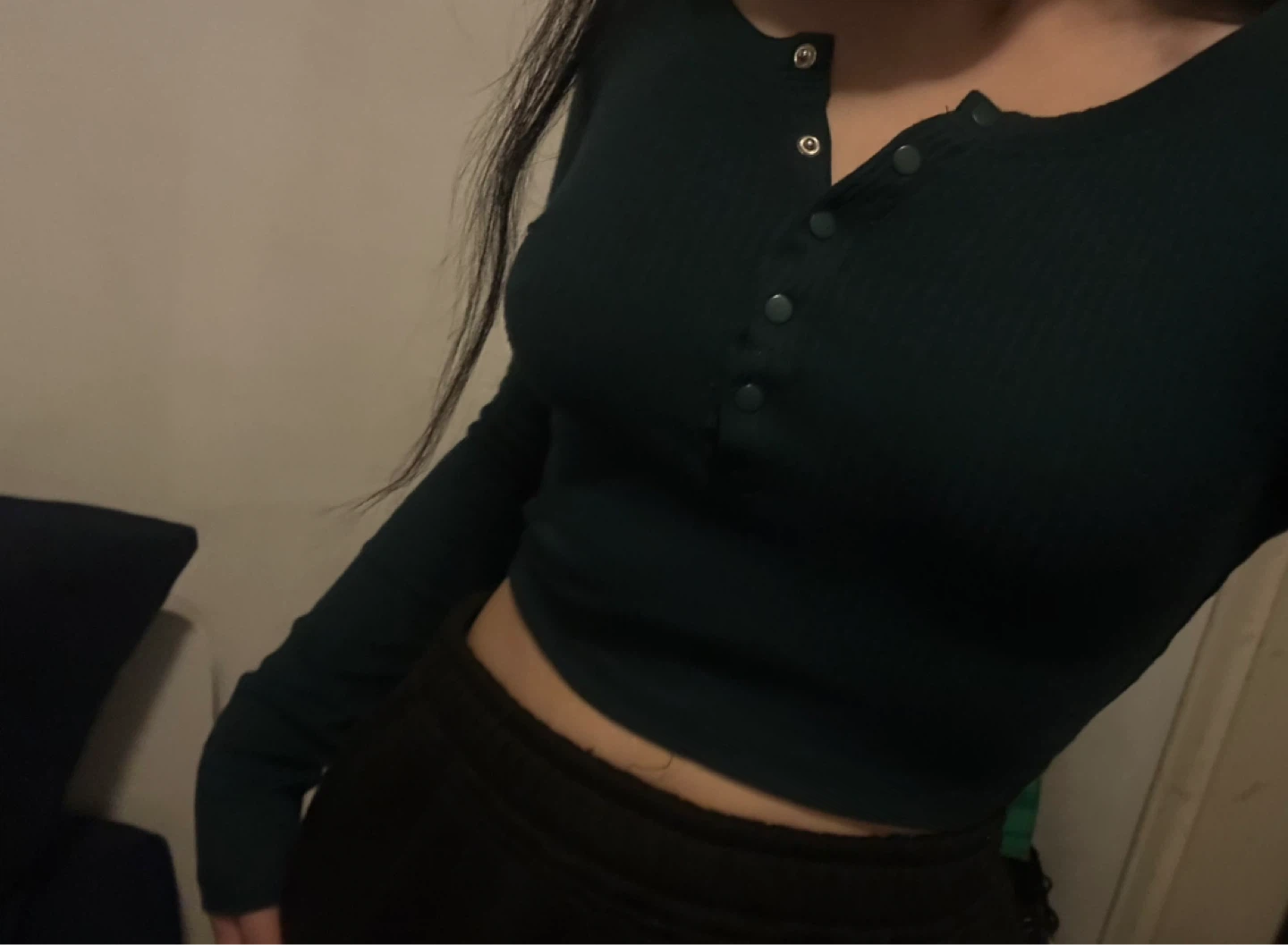 Green Ribbed Cropped Long Sleeve Henley Shirt - photo 5