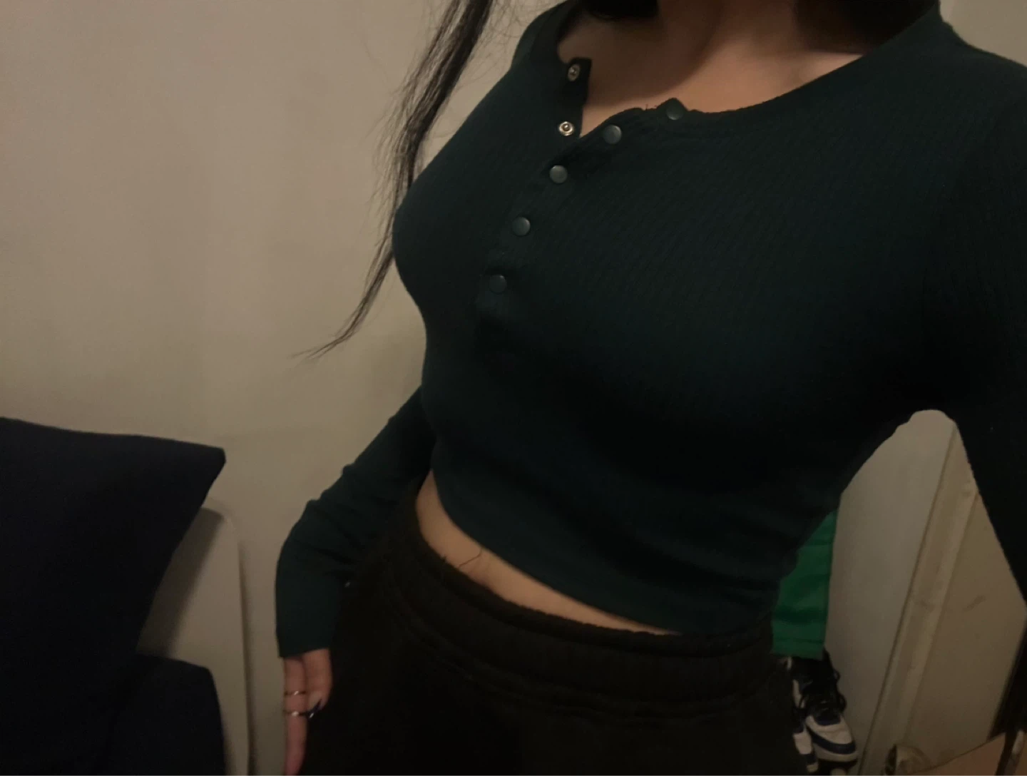 Green Ribbed Cropped Long Sleeve Henley Shirt - photo 4