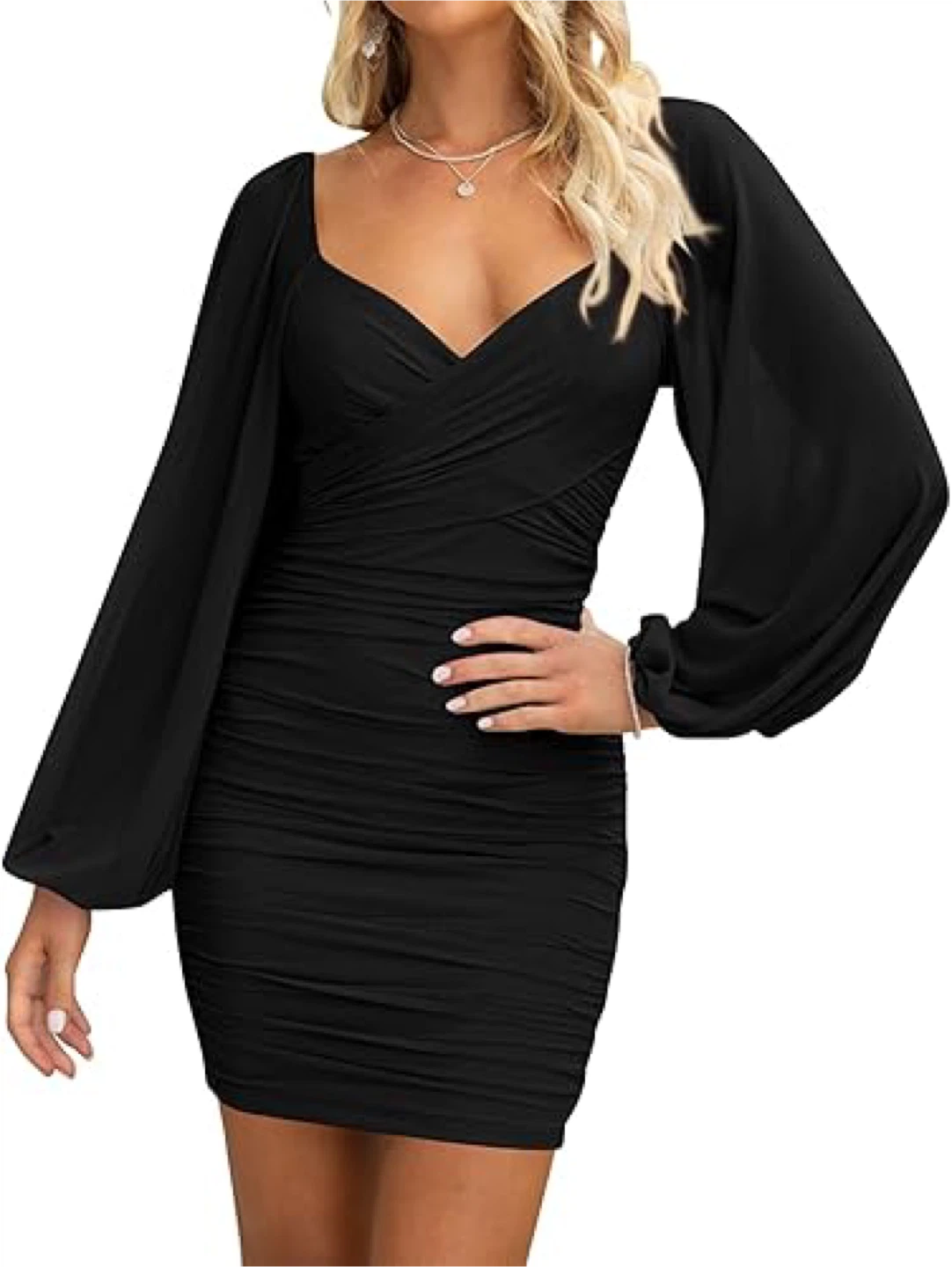 NEW! BTFBM Elegant Ruched Cross V Neck Long Sleeve Mini Dress