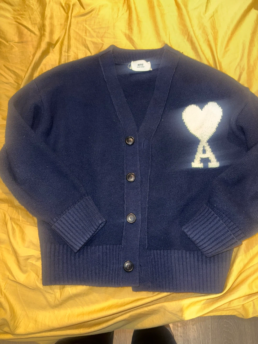 AMI Paris Navy Blue Wool Cardigan with Heart Logo
