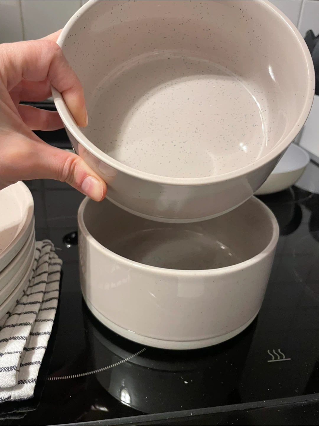 Set of speckled ceramic dinner plates + bowls - photo 4