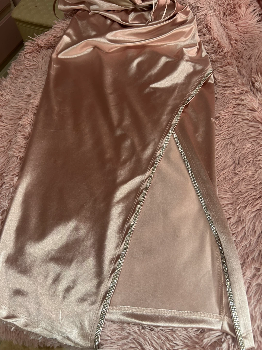Satin Ruched Dress with Rhinestone Slit - photo 3