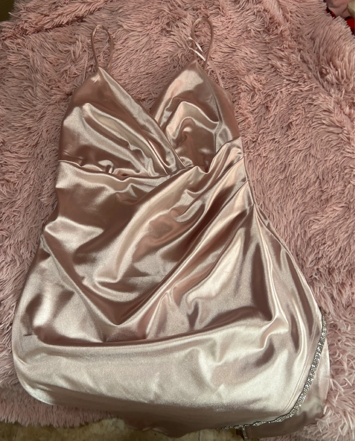 Satin Ruched Dress with Rhinestone Slit