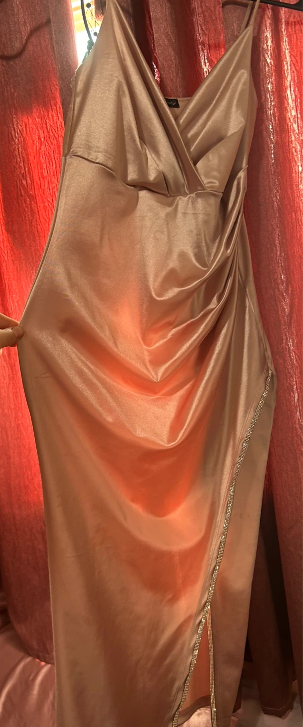 Satin Ruched Dress with Rhinestone Slit - photo 4