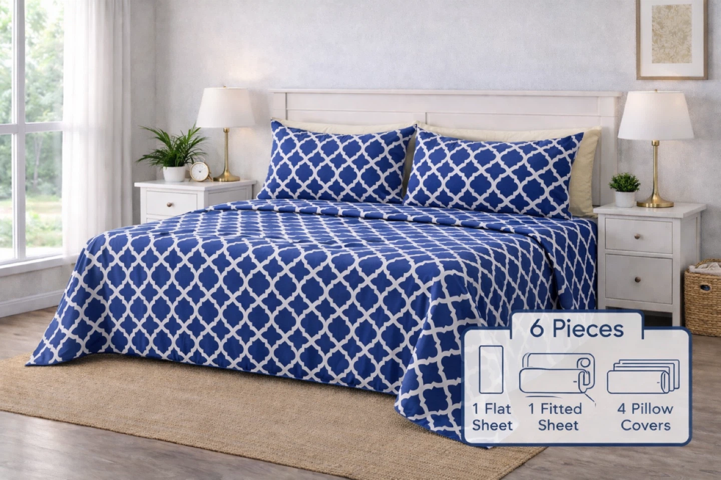 Brand New Queen 6-Piece Bedsheet Set - Blue and White Pattern - photo 2