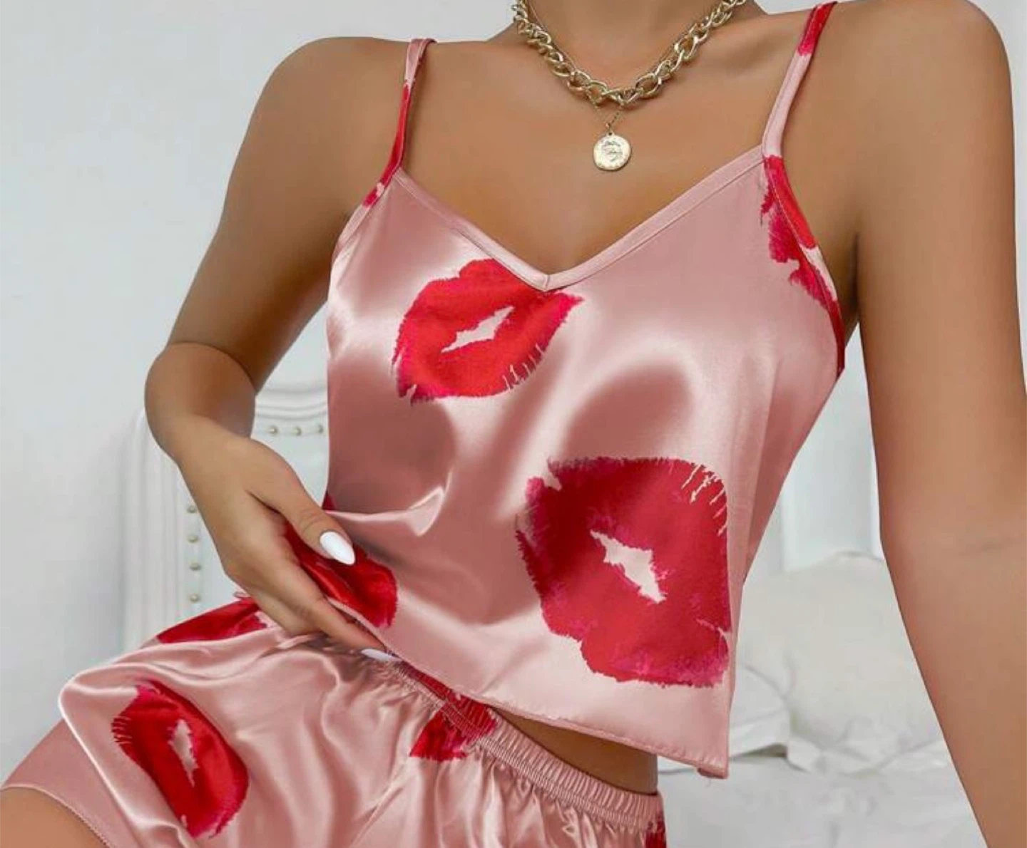 Pink Satin Cami Top with Red Lips Print