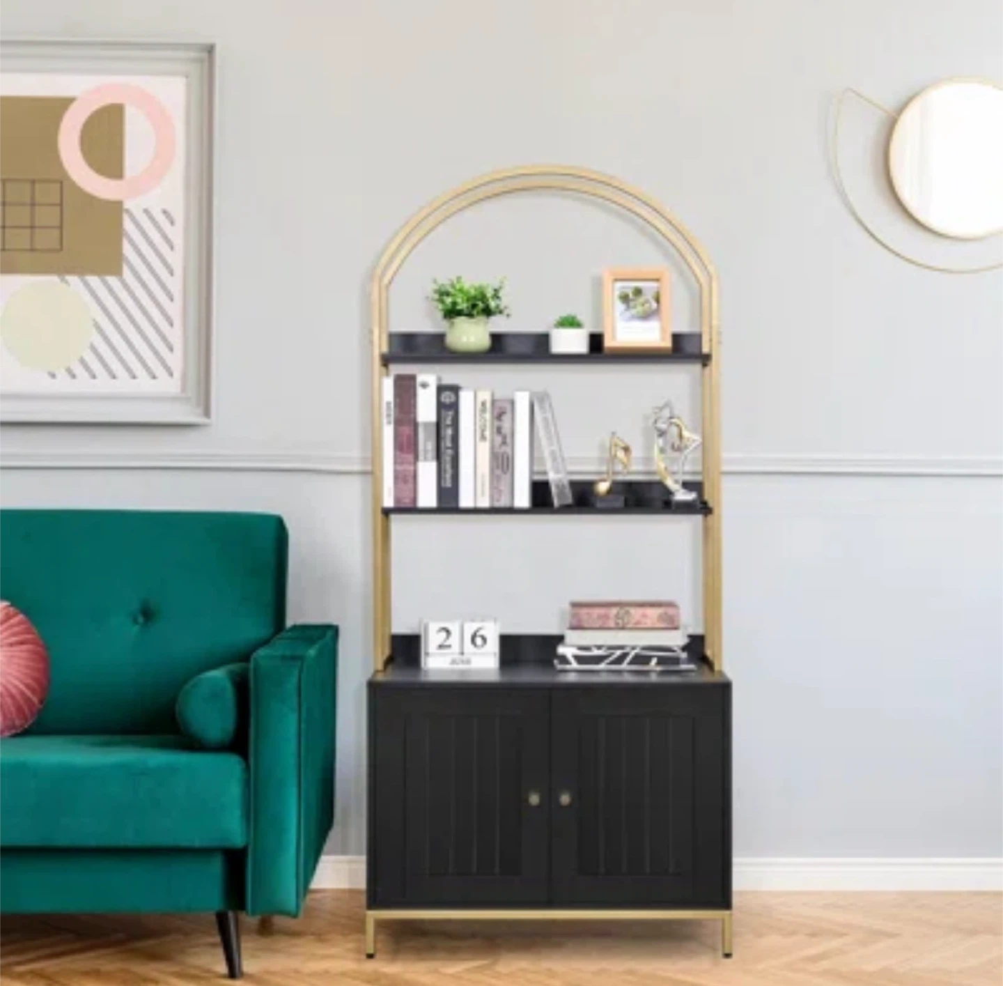 Black and Gold Arch Bookshelf with Cabinet - photo 3