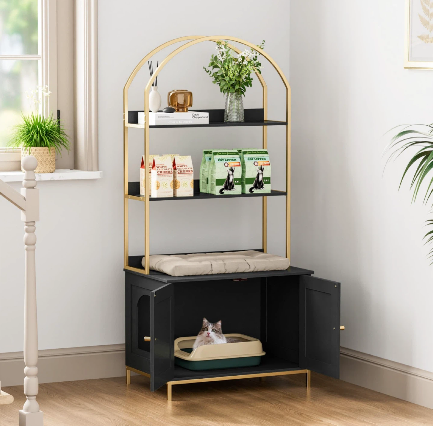 Black and Gold Arch Bookshelf with Cabinet