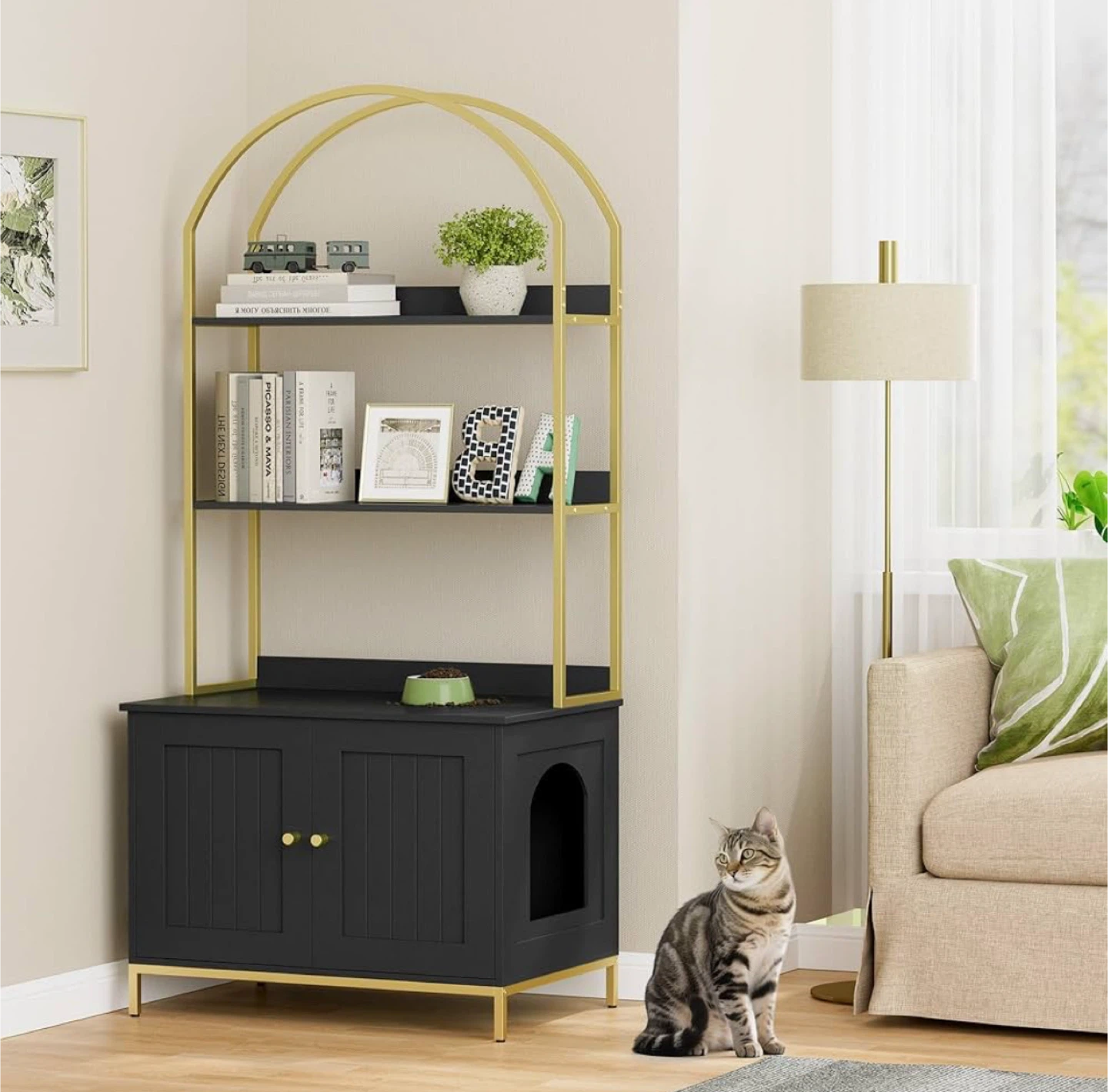 Black and Gold Arch Bookshelf with Cabinet - photo 2