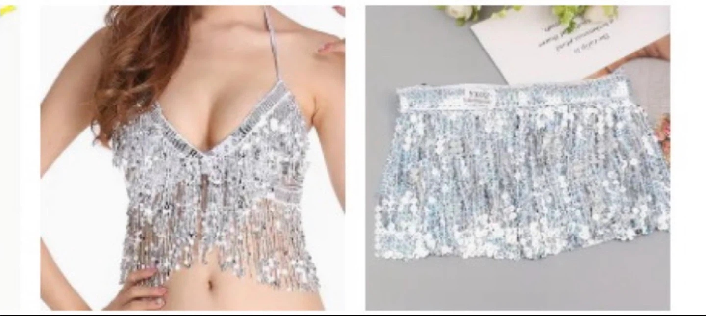 Silver Sequin Fringe Crop Top and Skirt Set