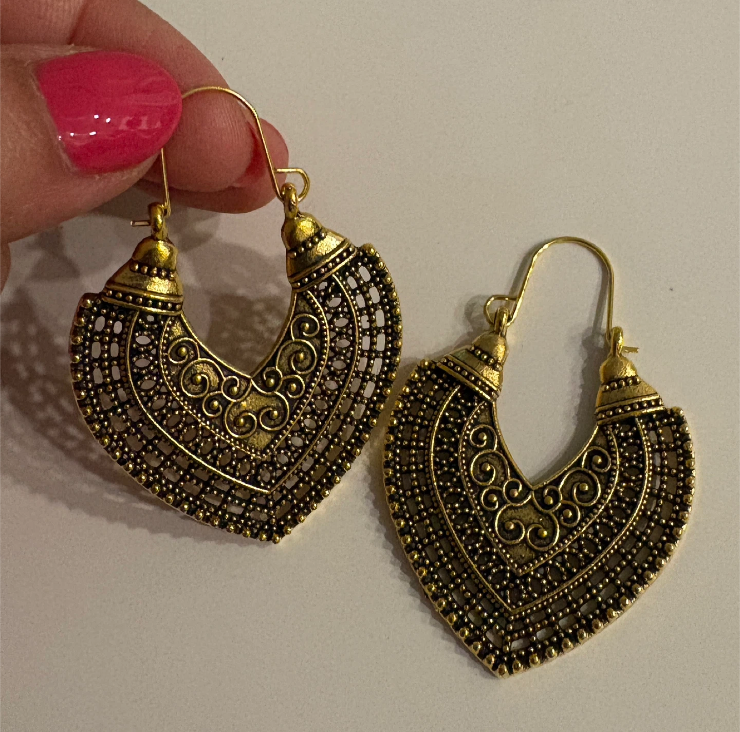 Gold Tone Heart Shaped Filigree Hoop Earrings