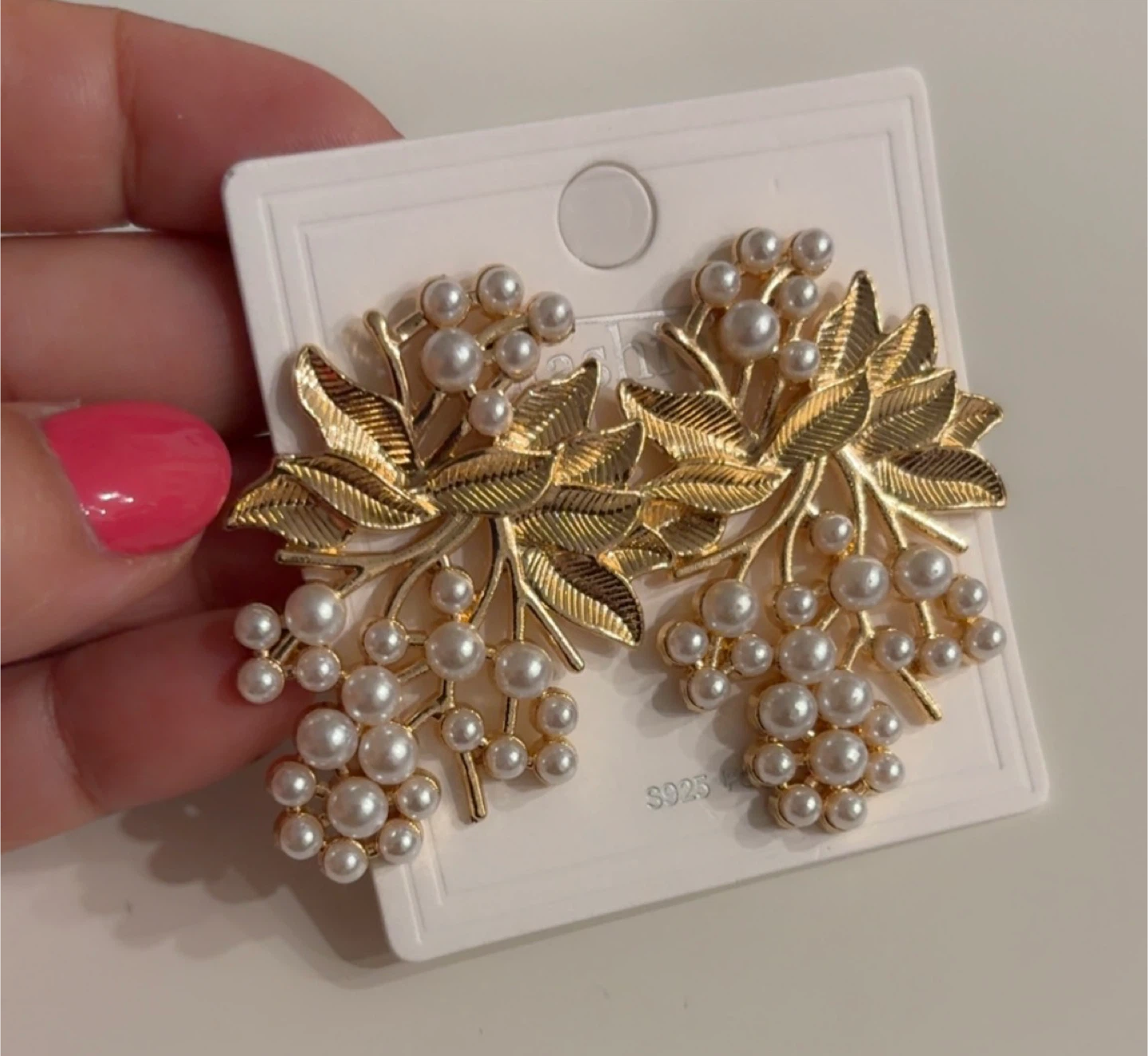 Gorgeous Gold Tone Pearl Leaf Cluster Dangle Earrings