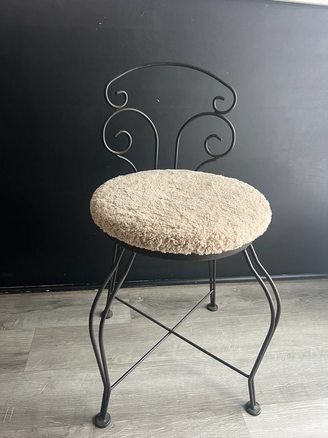 Vintage Metal Vanity Stool with Cream Shag Seat