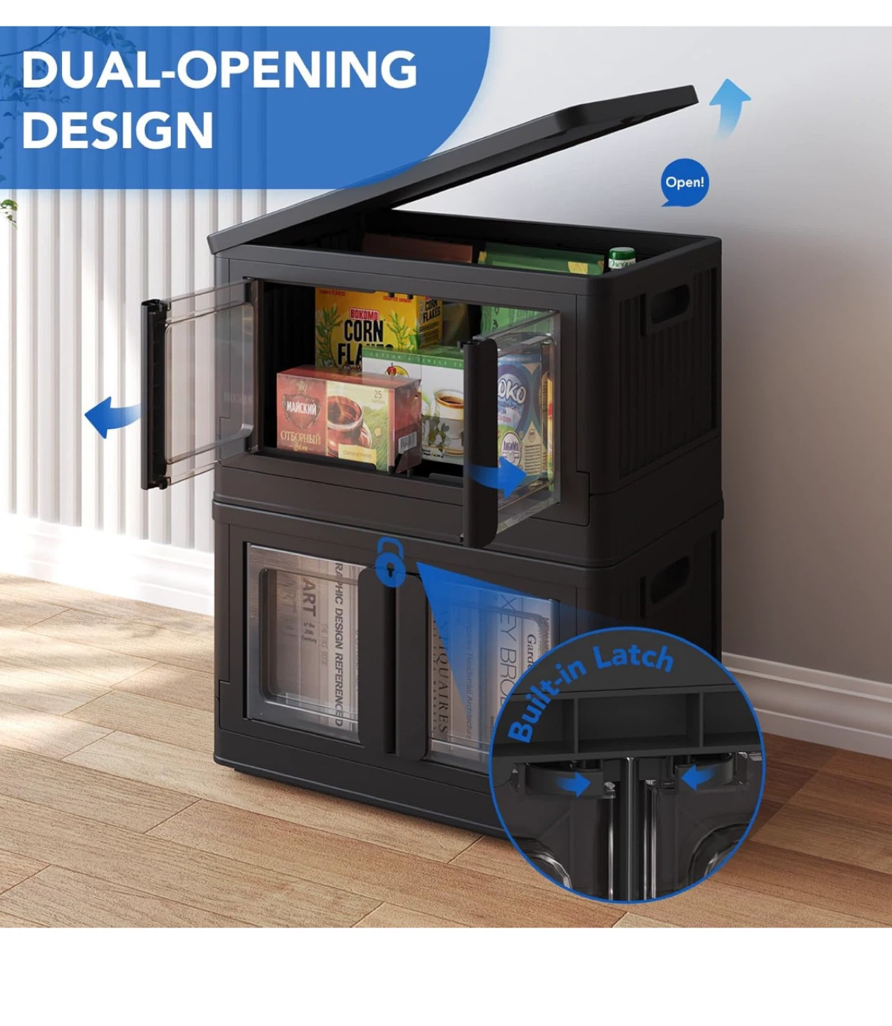 Black Storage Bin with Dual-Opening Lid and Built-in Latch - photo 4