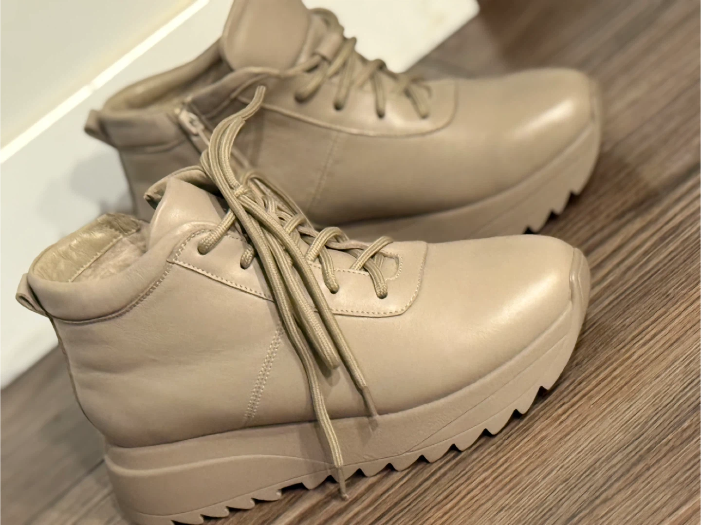 Beige Leather Lace-Up Ankle Boots with Side Zip