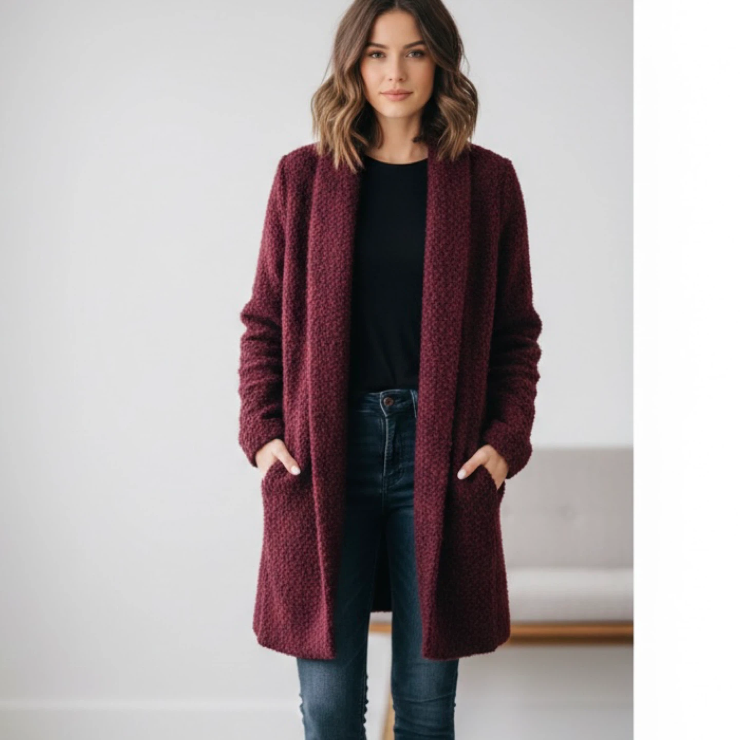 Dynamite Boucle Knit Long Open Front Cardigan Burgundy Size M
