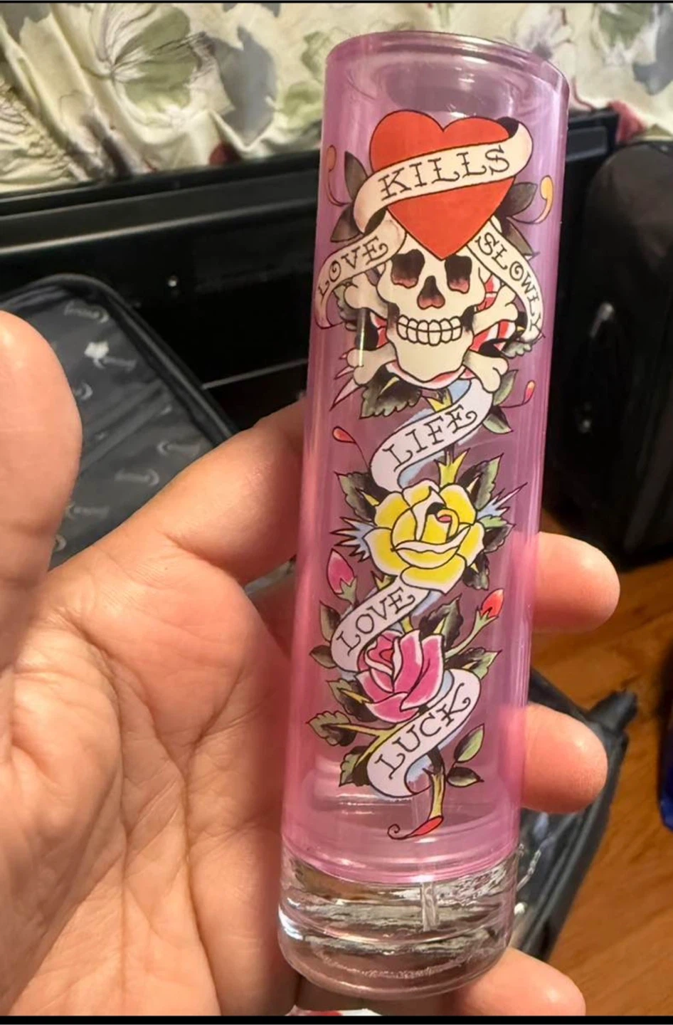 Ed Hardy Love Kills Slowly Perfume Bottle Pink Skull Roses
