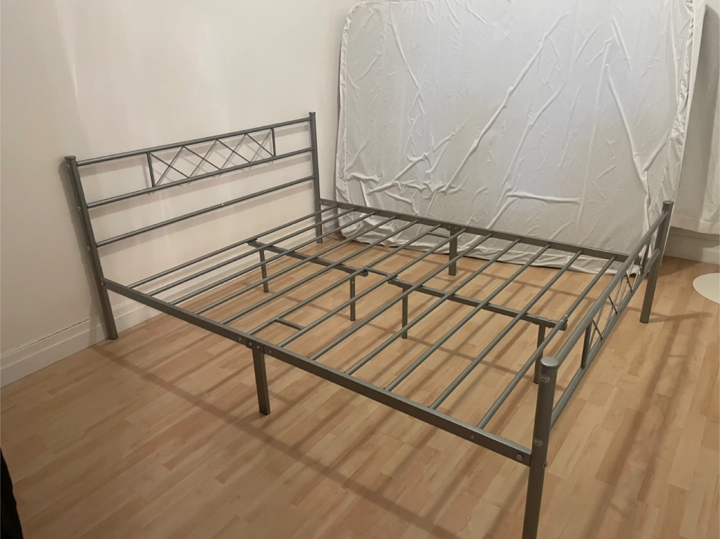 Queen Silver Metal Bed Frame with Headboard and Slats