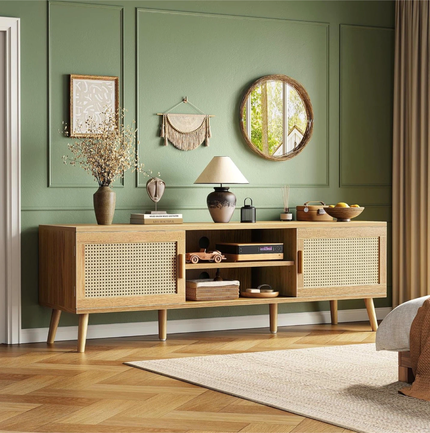Wood TV Stand Media Console with Storage