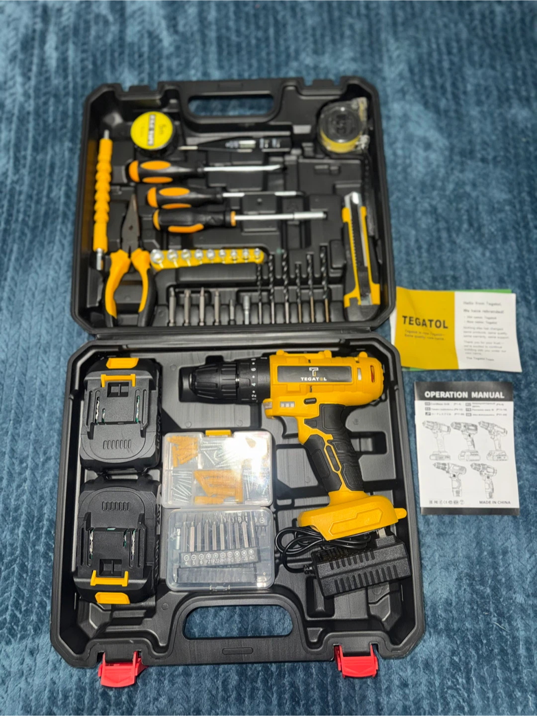 TEGATOL Cordless Drill Set with 2 Batteries and Accessories