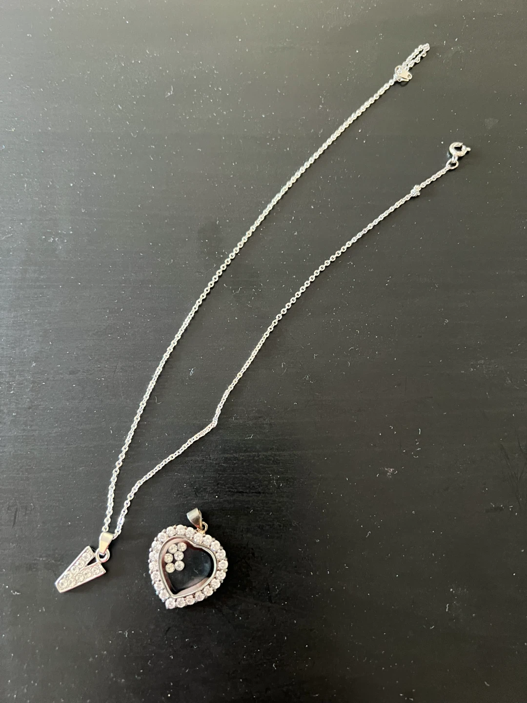 Silver Tone Necklace with Heart and "V" Pendant