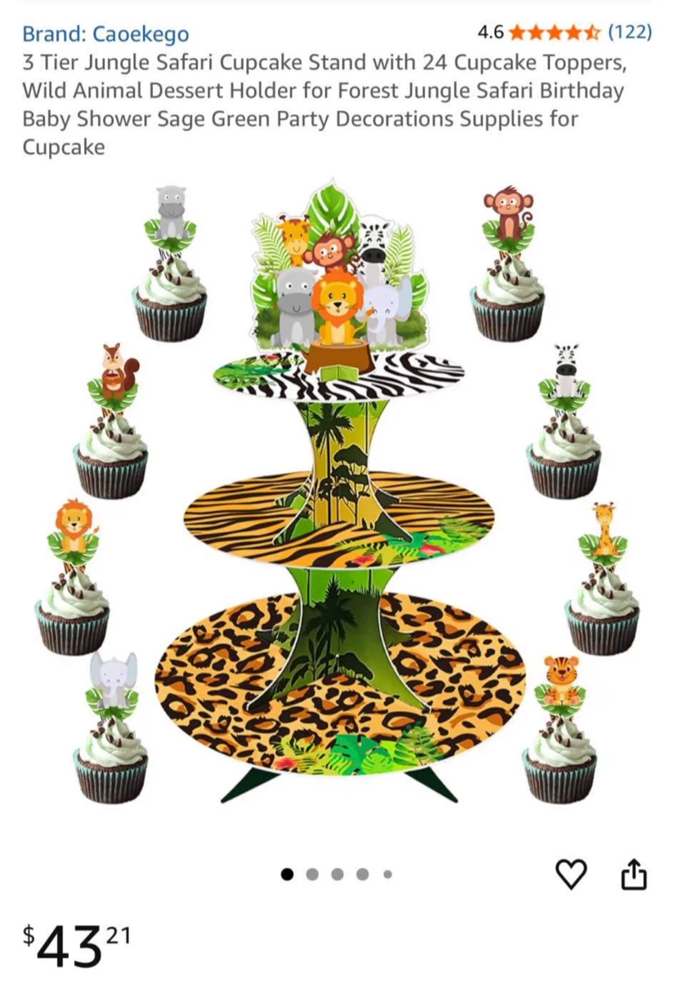 🏆3 Tier Safari Jungle Them Cupcake Stand with 24 Cupcake Toppers