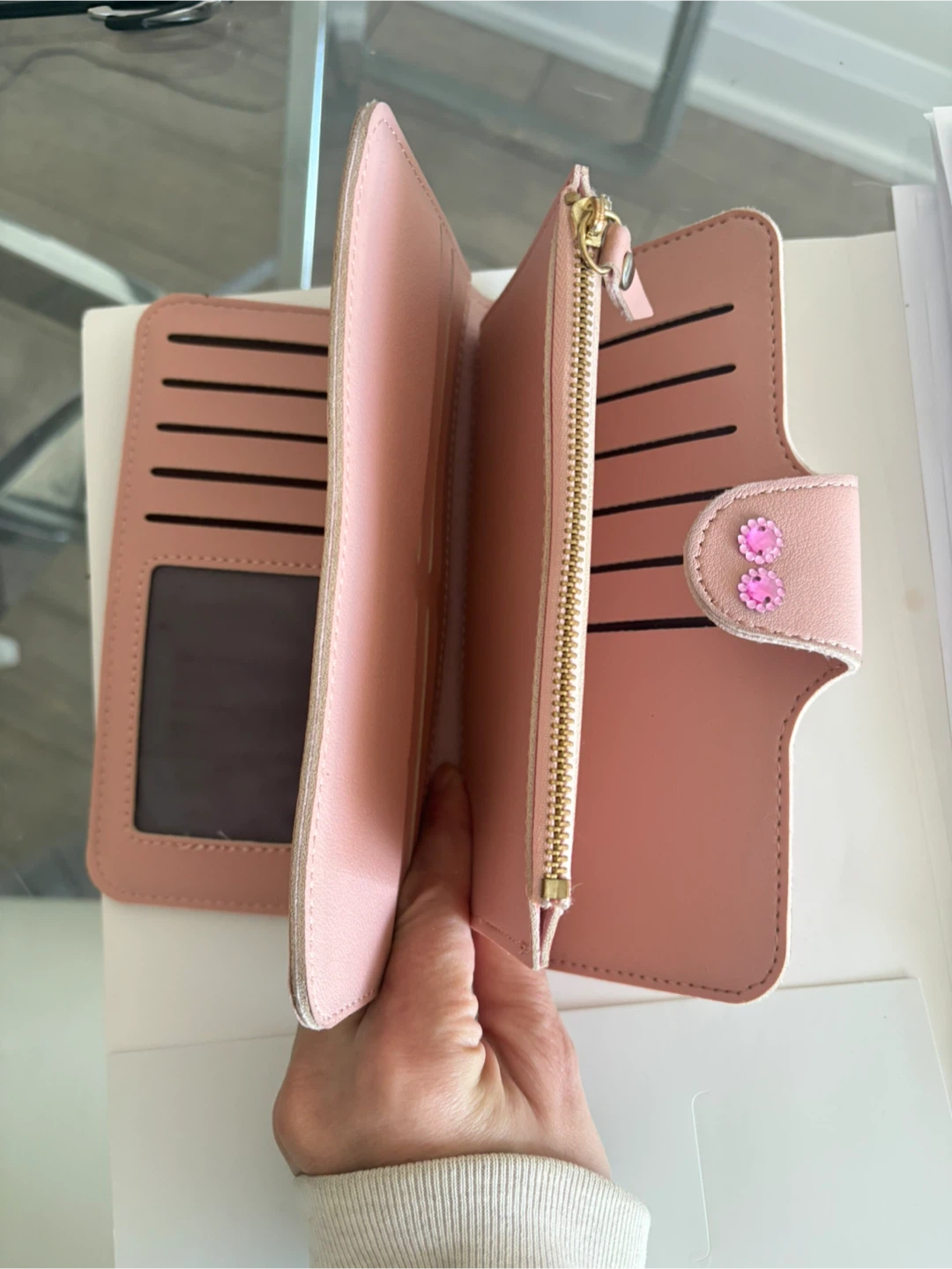 Pink Faux Leather Wallet with Zipper and Card Slots - photo 2