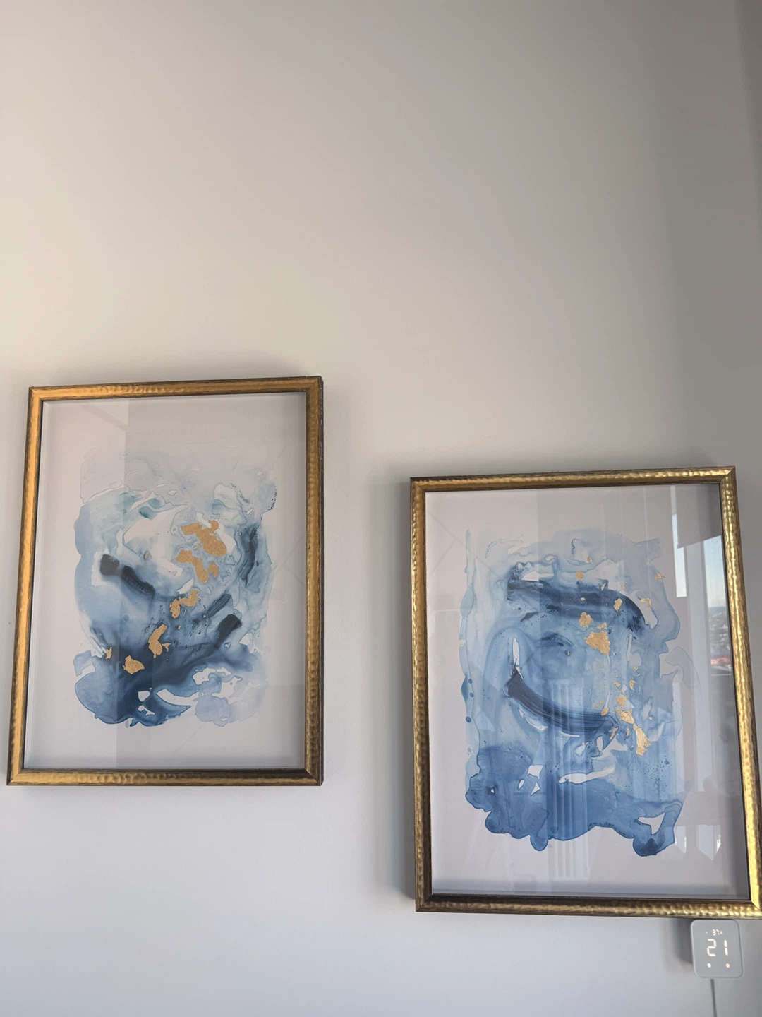 Set of 2 Framed Blue Abstract Art Prints with Gold Accents