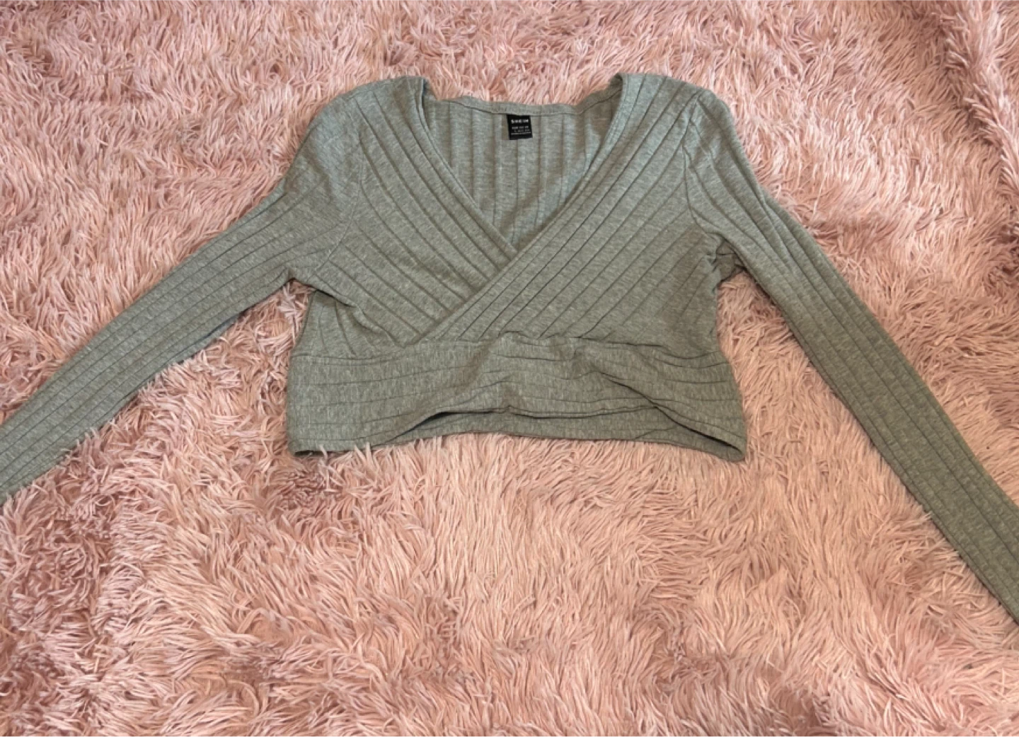 Grey Ribbed Wrap Long Sleeve Top