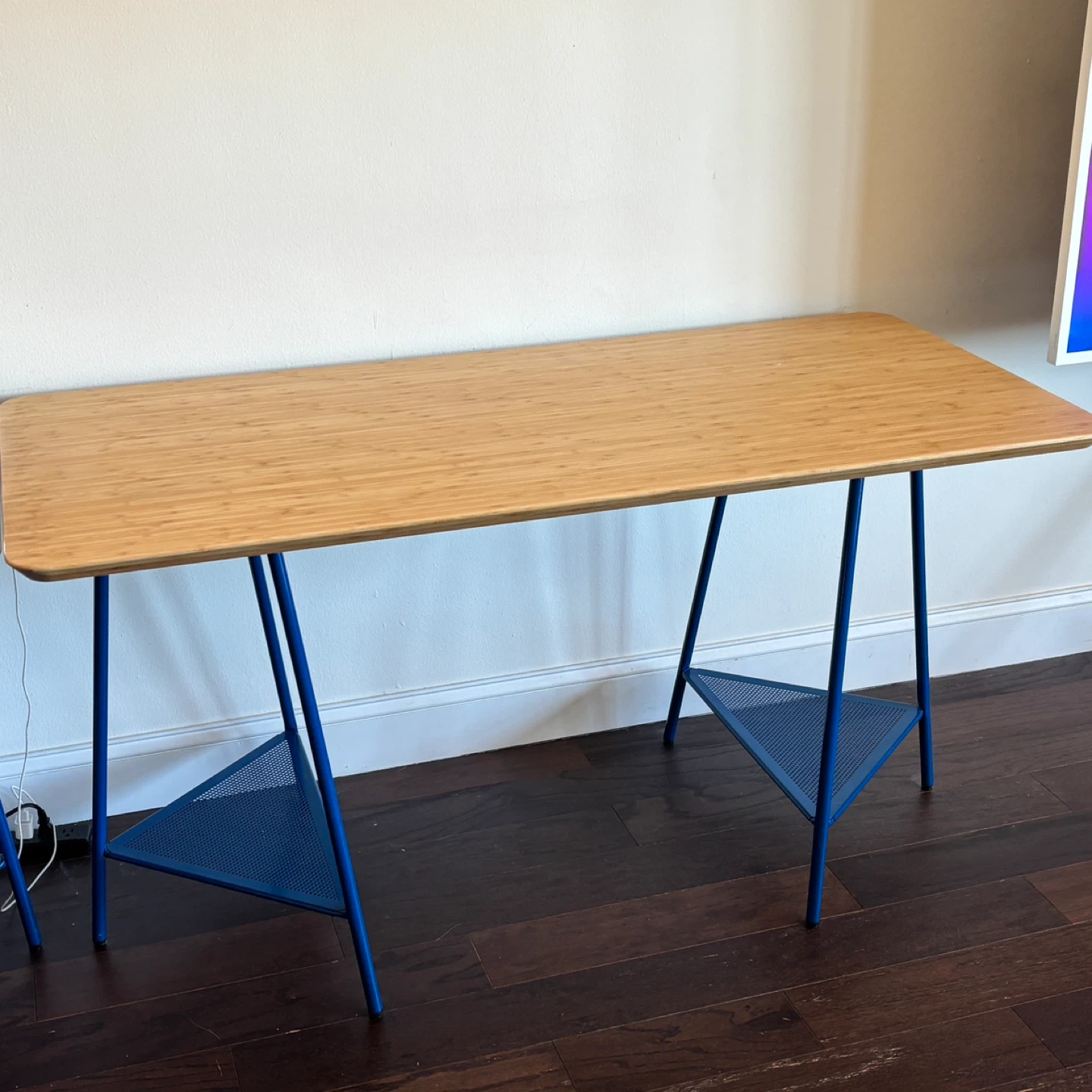 IKEA ANFALLARE Desk with Bamboo Top and Blue Metal Legs