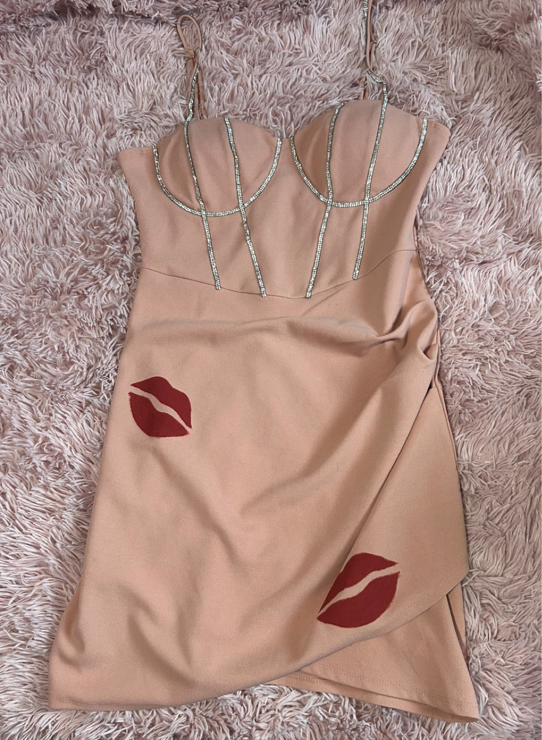 Pink Mini Dress with Rhinestone Detail and Lip Print
