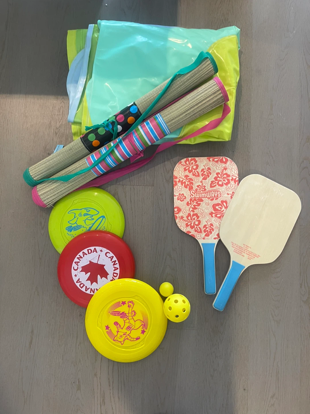 Beach bundle (floaty, bat/ball, matts, frisbees)
