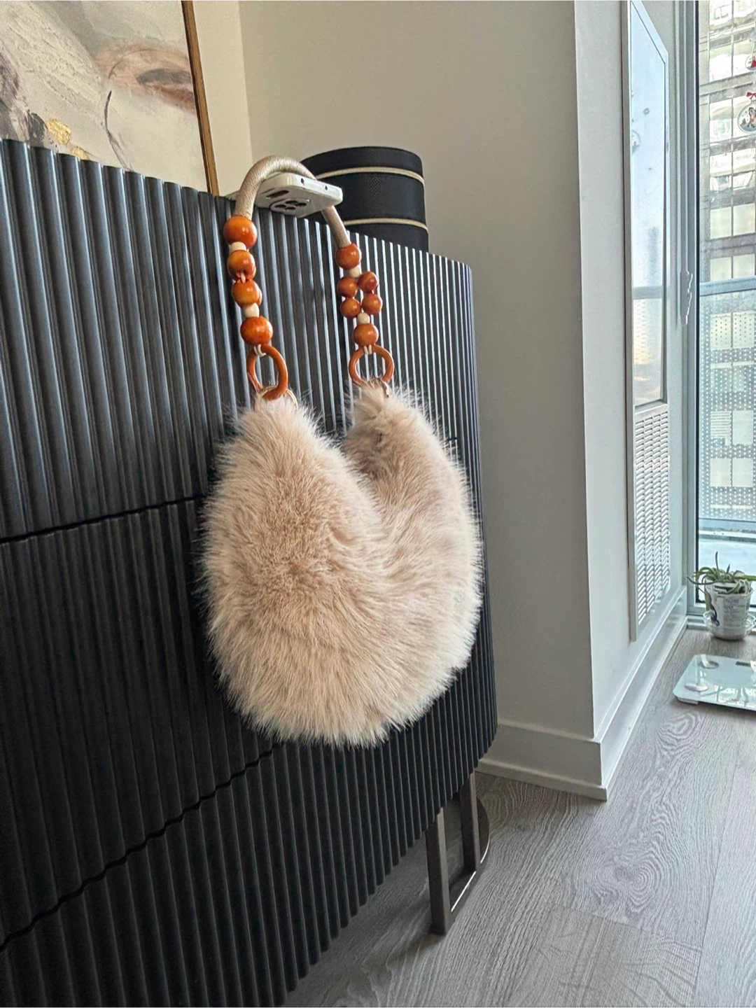 Faux Fur Crescent Bag with Beaded Handle 30cm width 20cm height - photo 3