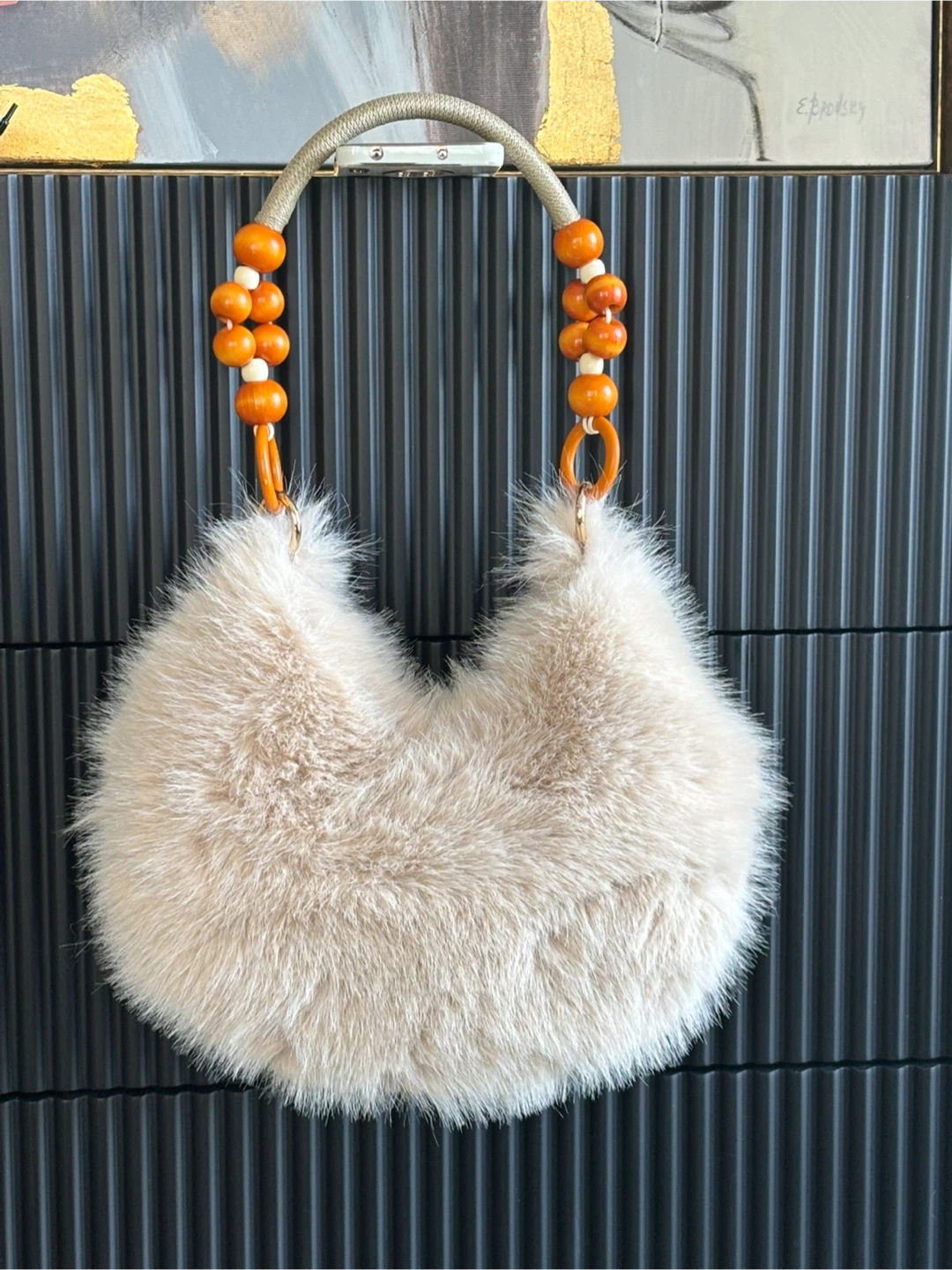 Faux Fur Crescent Bag with Beaded Handle 30cm width 20cm height