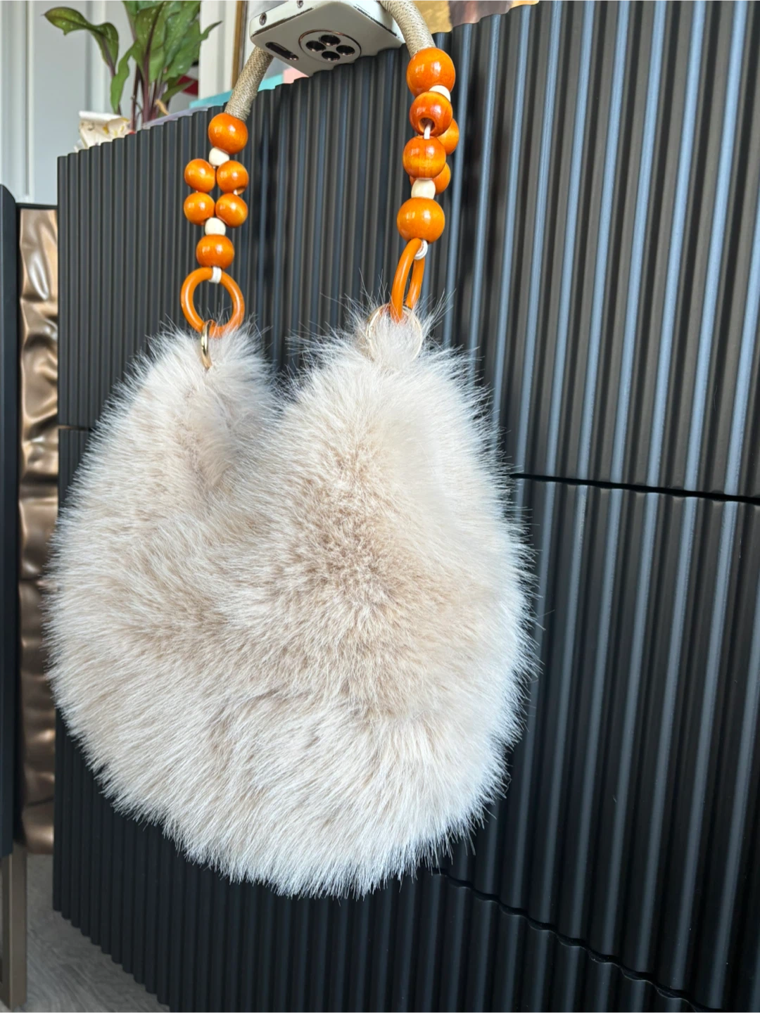 Faux Fur Crescent Bag with Beaded Handle 30cm width 20cm height - photo 2