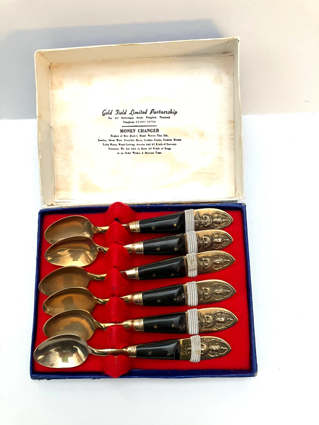 set of six vintage Thai Siam bronze and rosewood