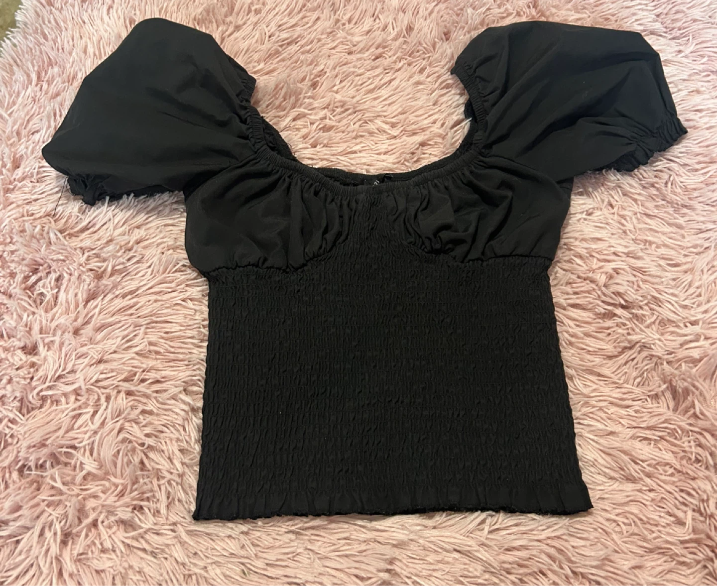 Black Smocked Puff Sleeve Top