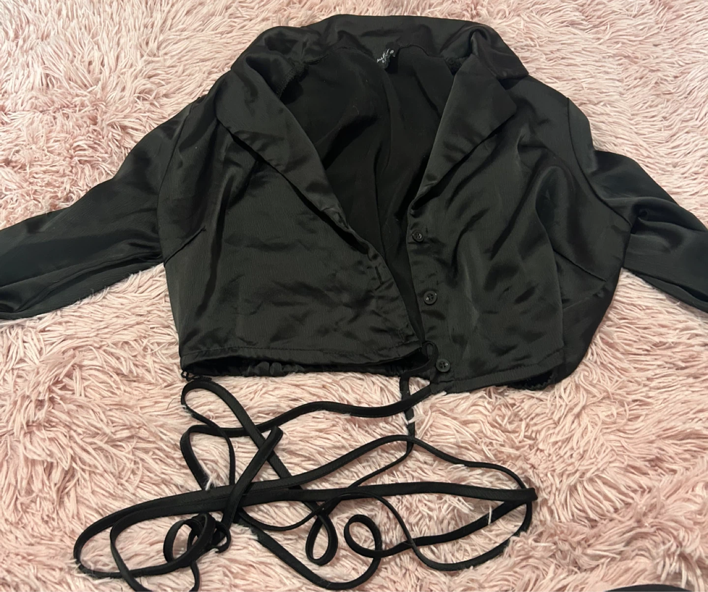 Black Satin Crop Blazer Top with Tie Straps